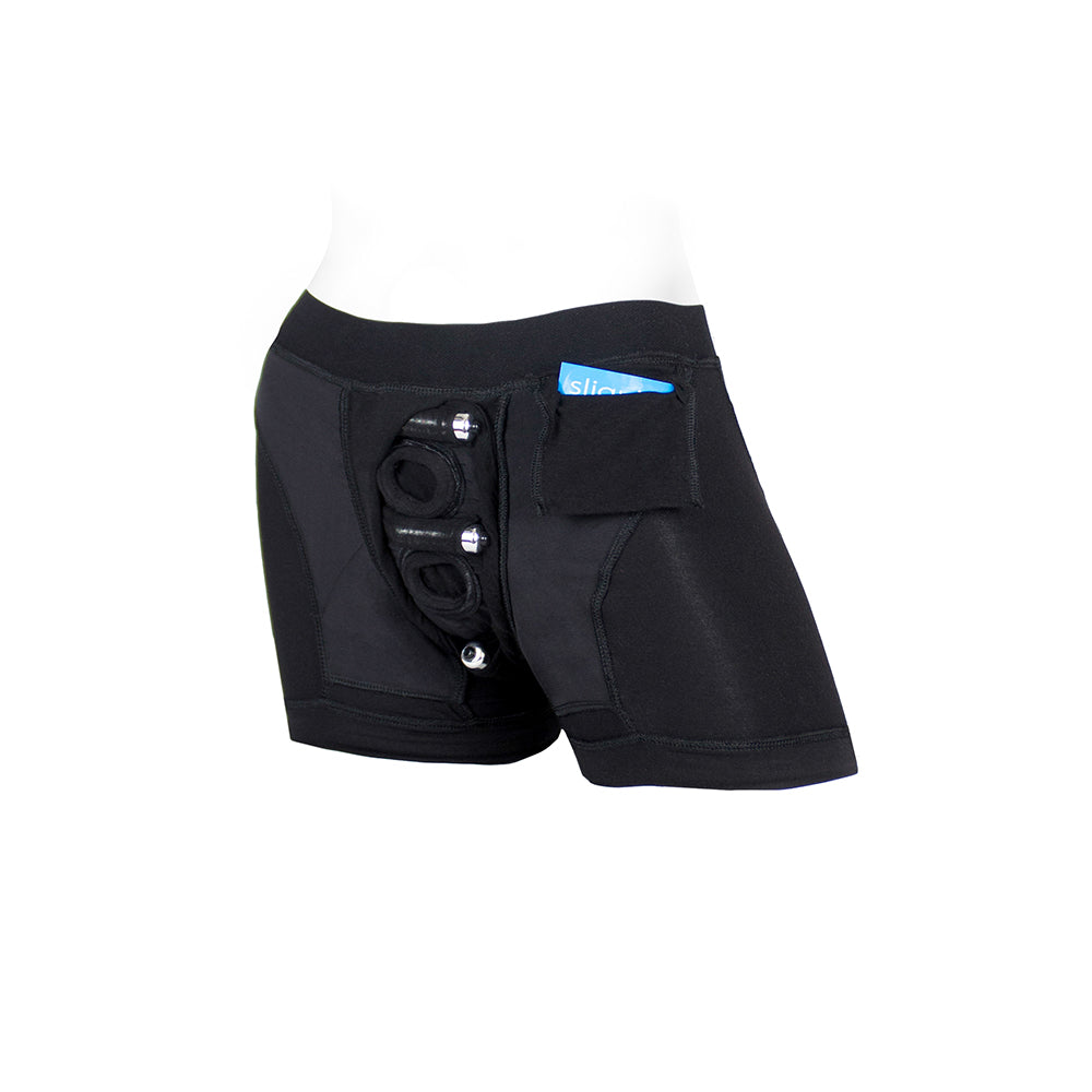 Spareparts Tomboii Rayon Boxer Briefs Harness Black Size 2XL displayed on a mannequin, showing innovative design and functionality.