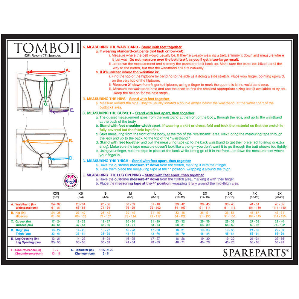 Size guide for Spareparts Tomboii Rayon Boxer Briefs Harness Black Size 2XL with measurement instructions.