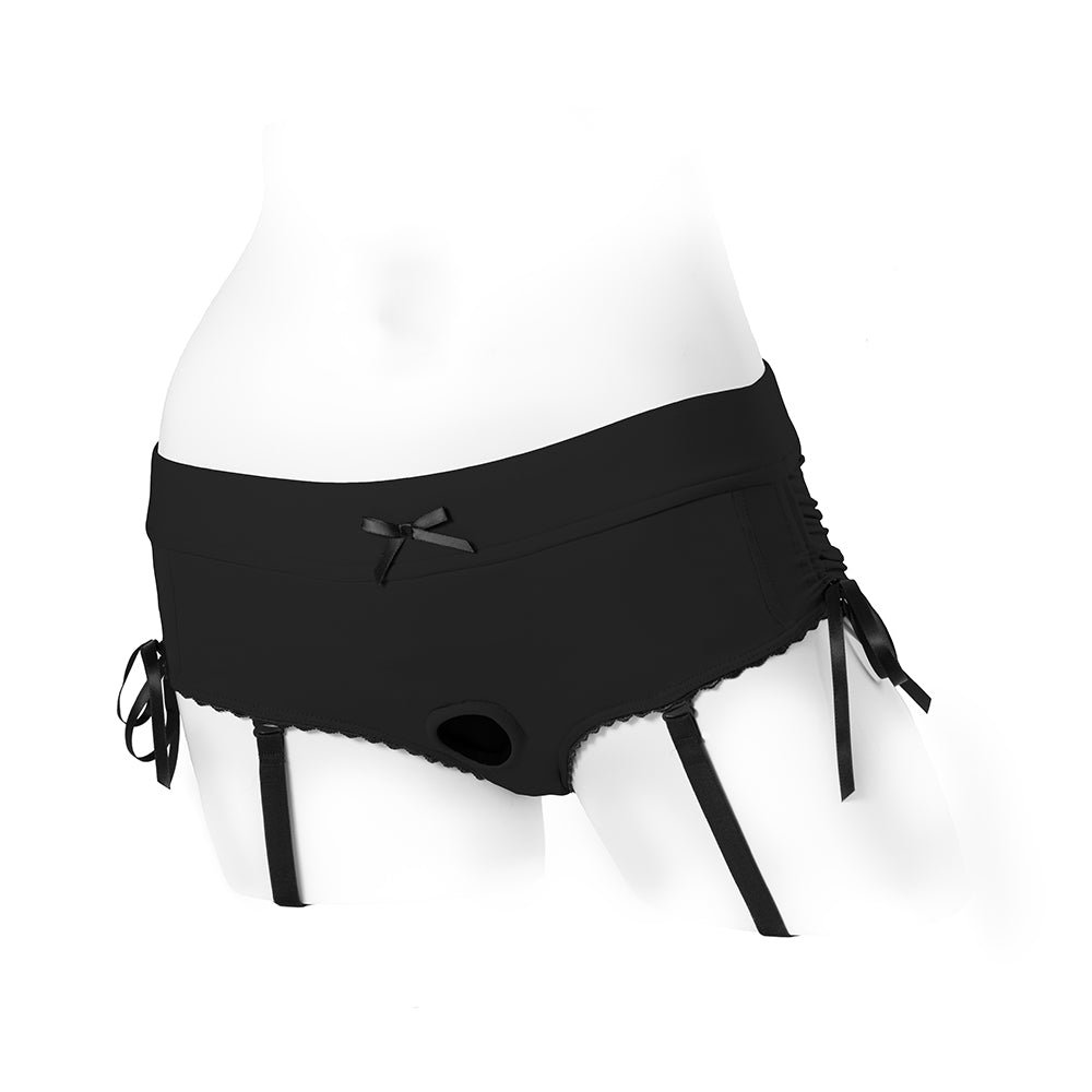 Spareparts Sasha Cinch Booty Short Harness Black Size S displayed on a mannequin, highlighting its design and fit.