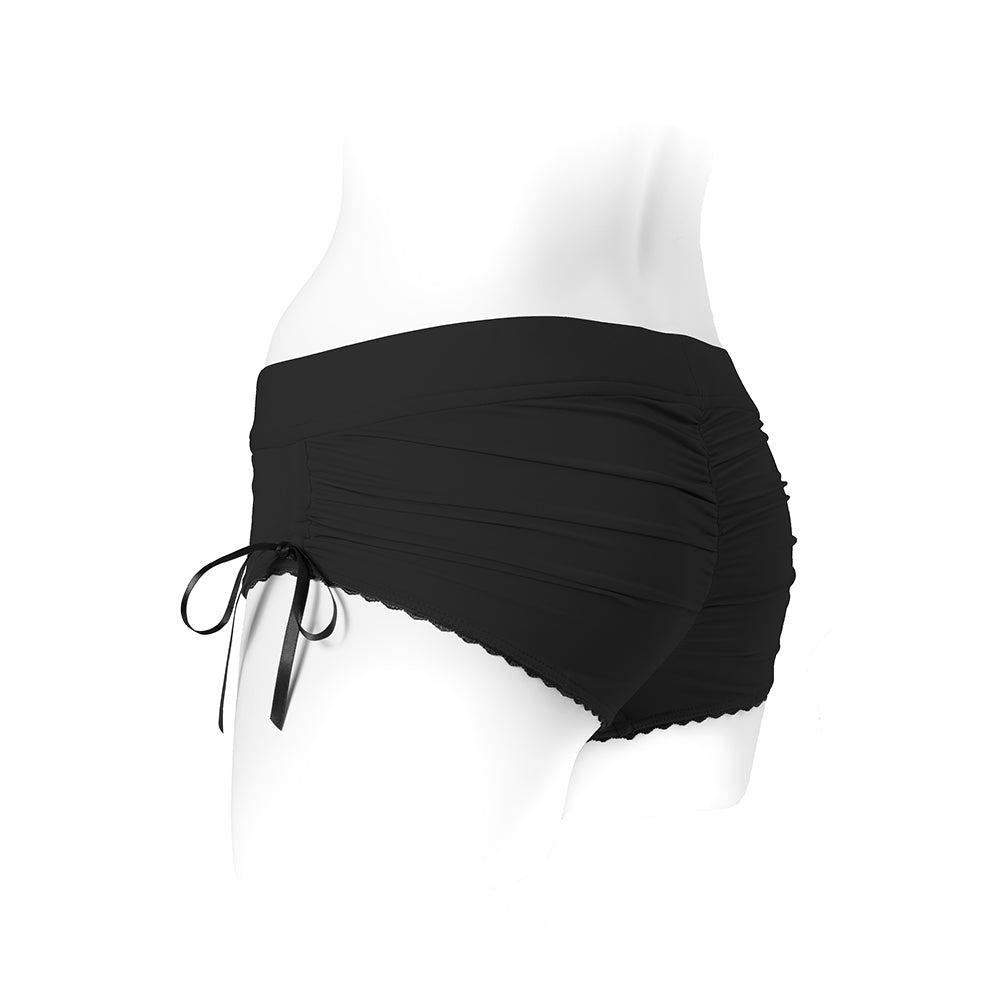 Spareparts Sasha Cinch Booty Short Harness Black Size S side view showcasing sleek design and adjustable tie.