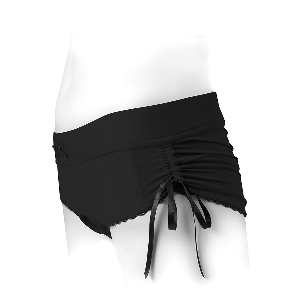 Spareparts Sasha Cinch Booty Short Harness Black Size S displayed on a mannequin side view, showcasing its stylish design.