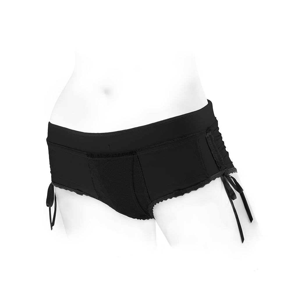 Spareparts Sasha Cinch Booty Short Harness Black Size S on a mannequin, showcasing stylish design and comfortable fit.