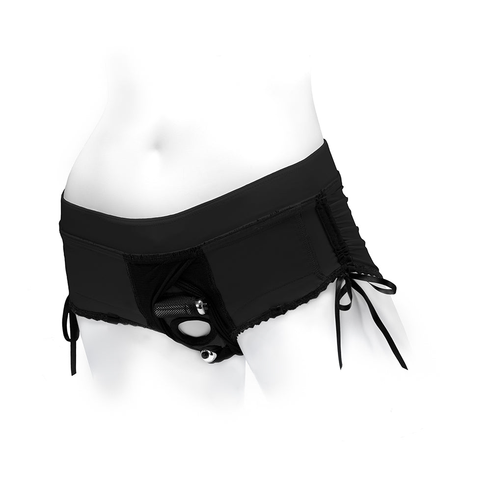 Spareparts Sasha Cinch Booty Short Harness Black Size S featuring lace-up details and a smooth fit.