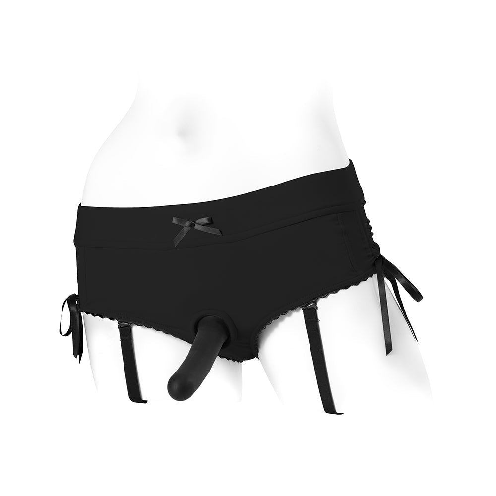 Spareparts Sasha Cinch Booty Short Harness Black Size S displayed on mannequin with smooth design and versatility.