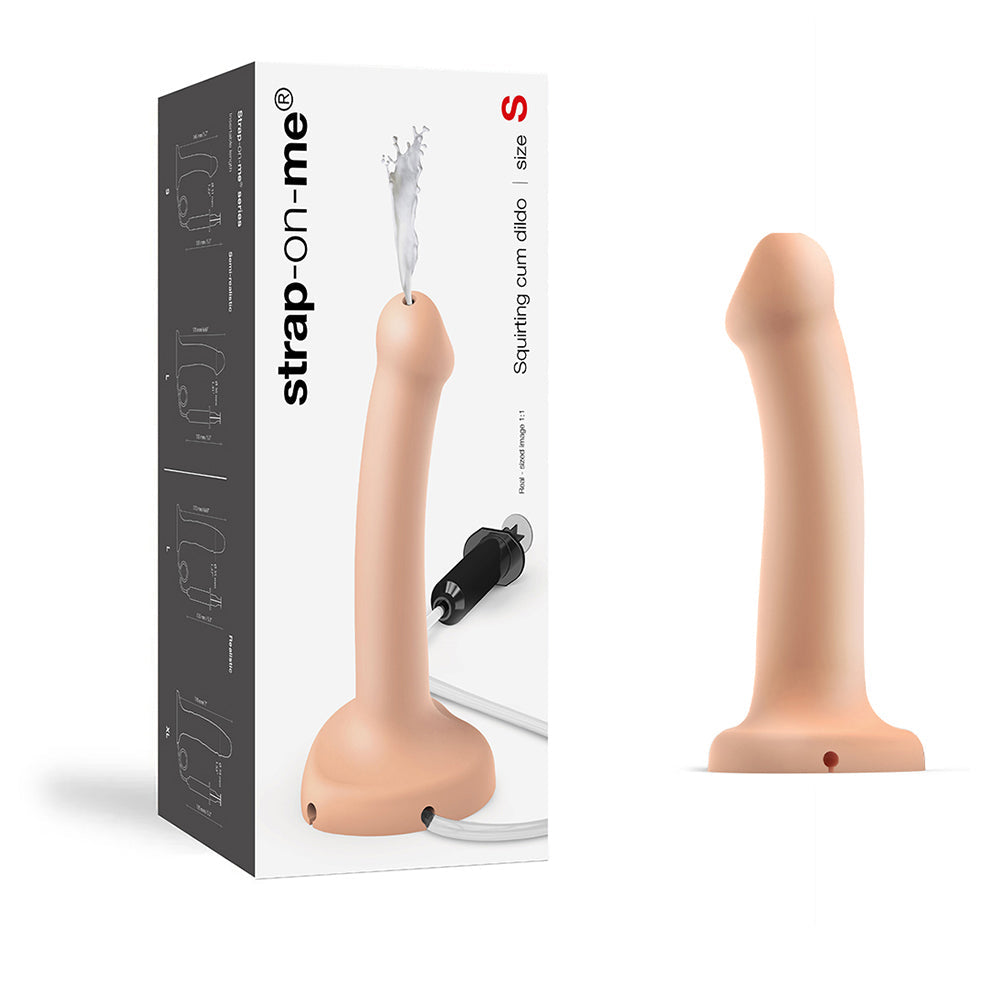 Strap-On-Me Small Silicone Squirting Cum Dildo Vanilla packaging and product display with squirting feature.