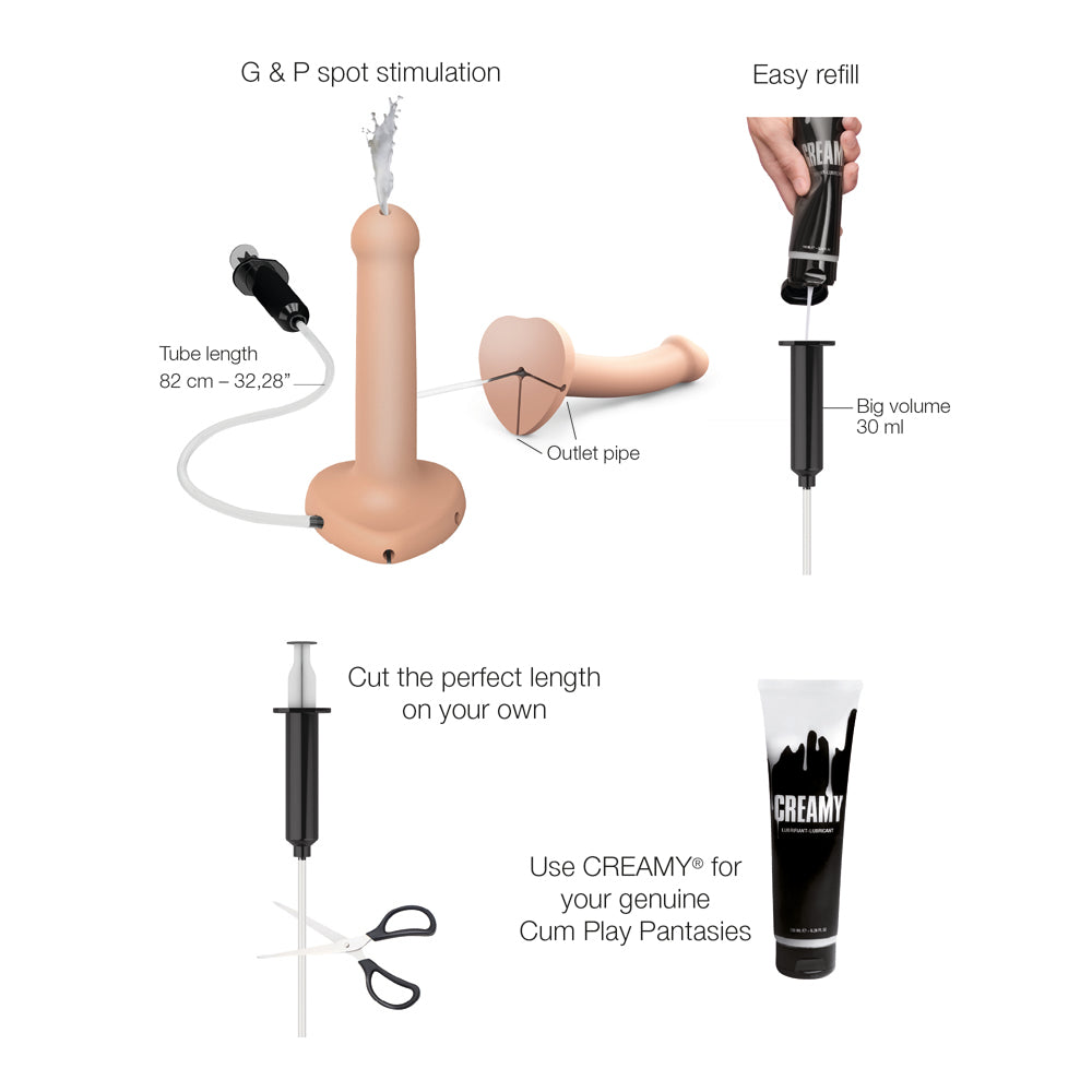 Strap-On-Me Small Silicone Squirting Cum Dildo Vanilla with squirting system and refillable syringe.