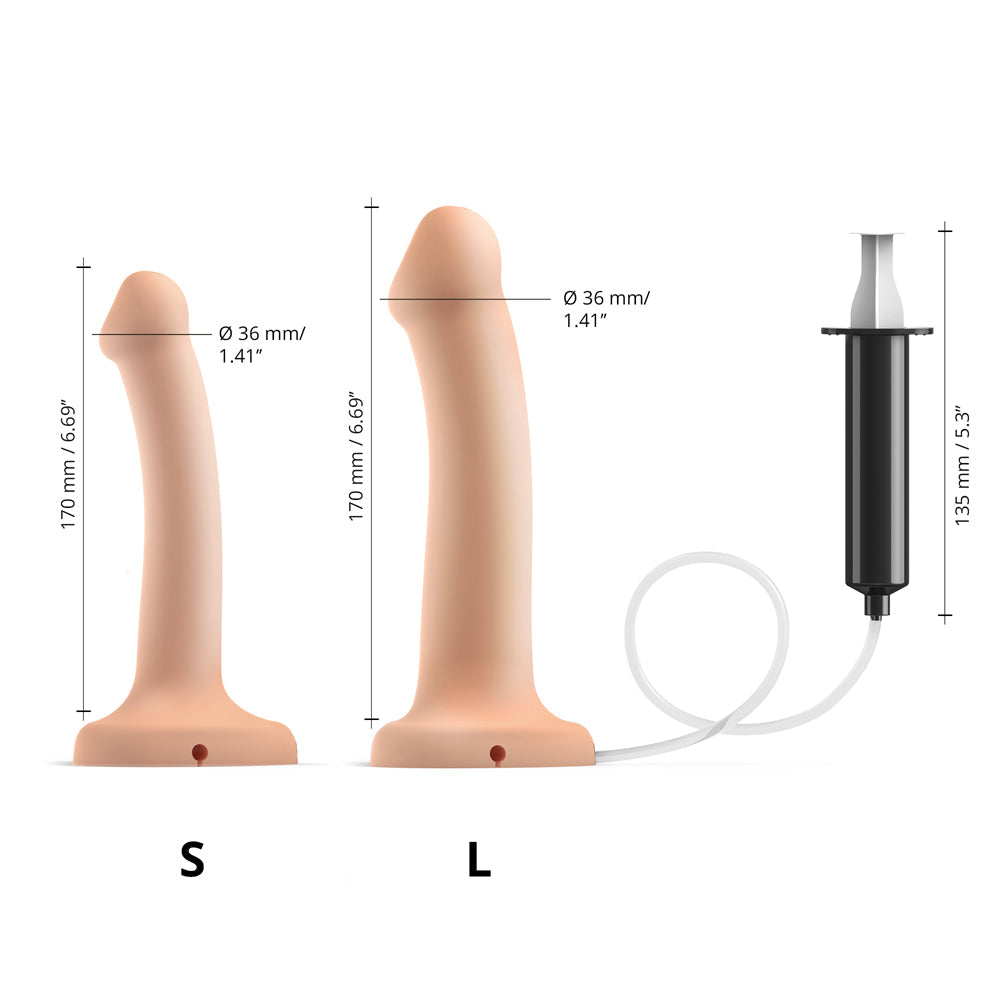 Image of Strap-On-Me Small Silicone Squirting Cum Dildo Vanilla with size measurements and syringe connection.