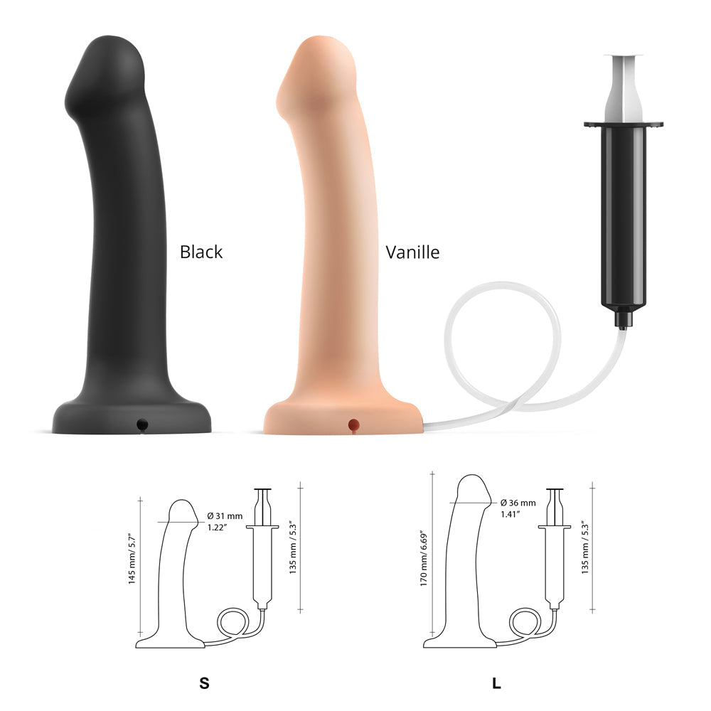 Strap-On-Me Small Silicone Squirting Cum Dildo Vanilla and Black options with connected syringe for realistic play.