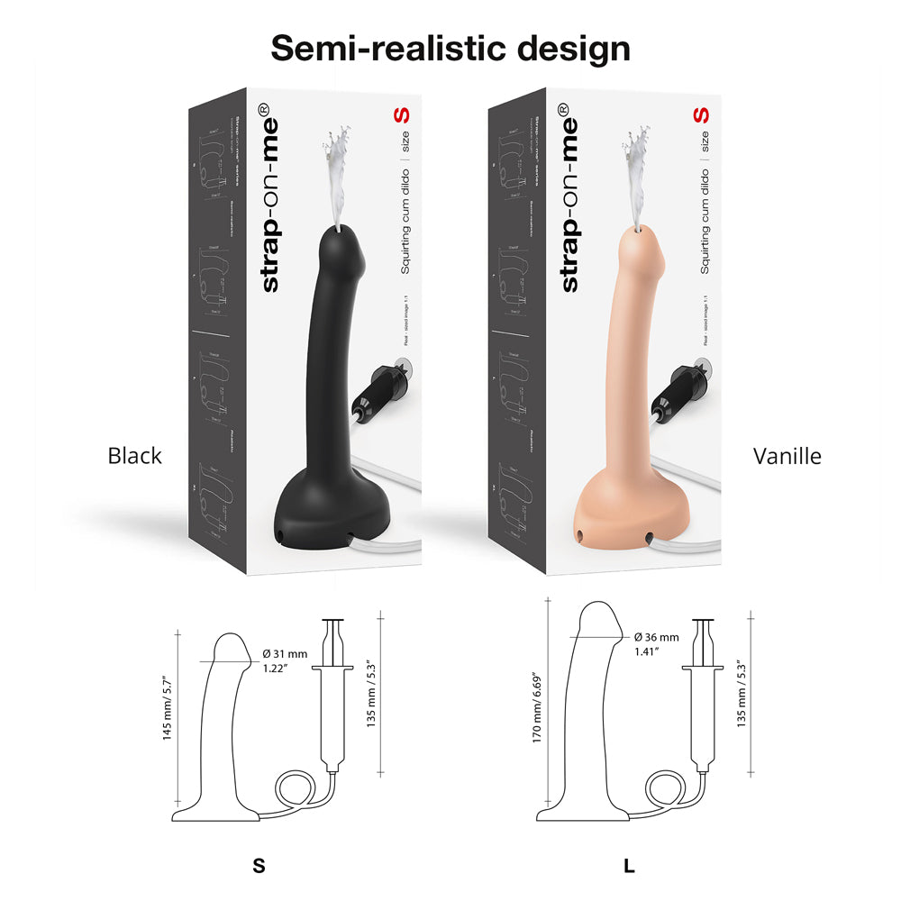 Strap-On-Me Small Silicone Squirting Cum Dildo Vanilla next to Black version, showcasing semi-realistic design and sizes.