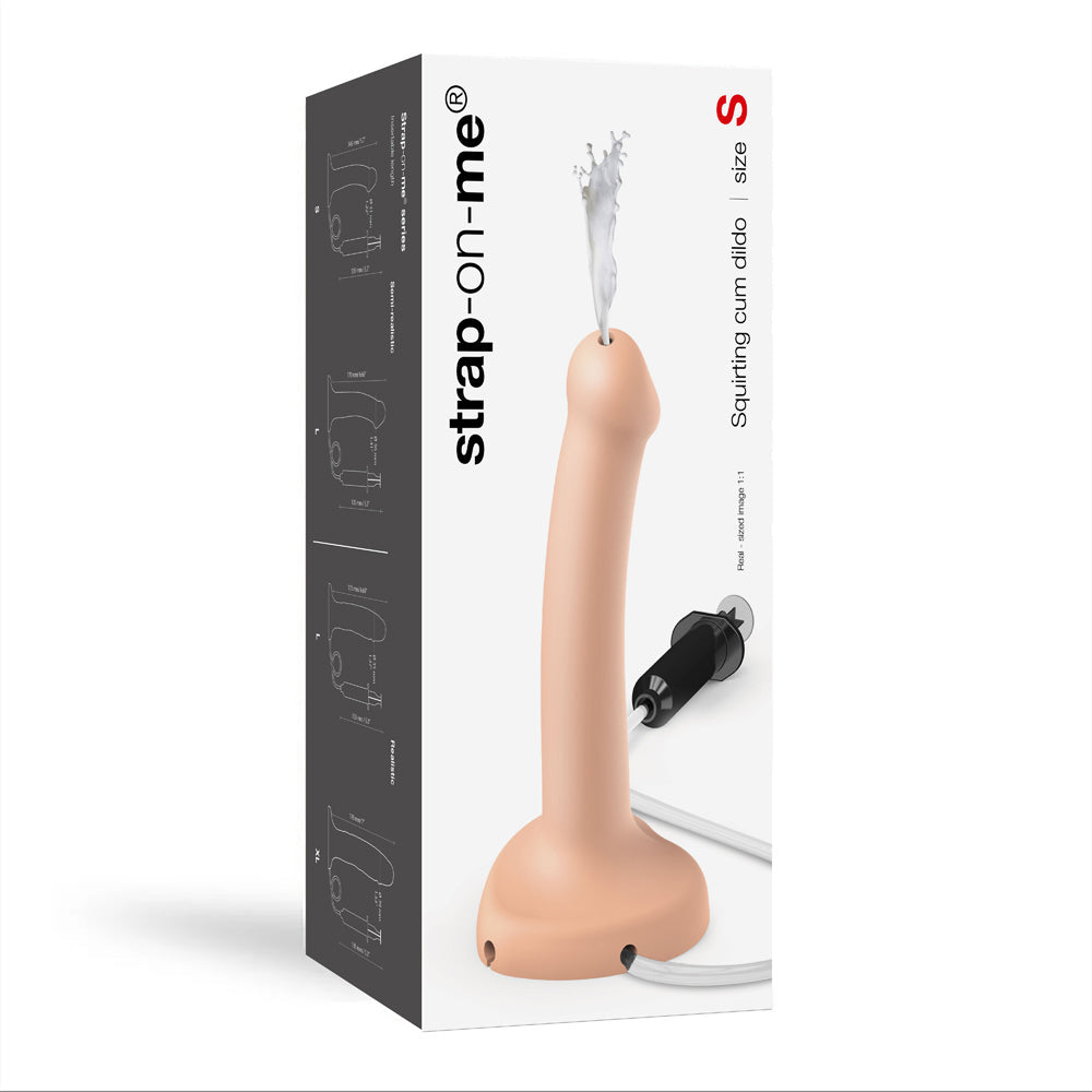 Strap-On-Me Small Silicone Squirting Cum Dildo Vanilla with squirting feature and packaging design.