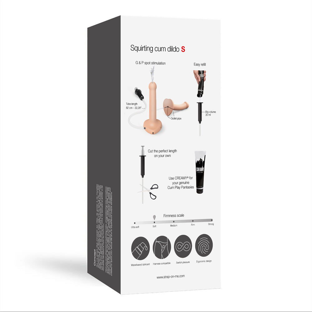 Strap-On-Me Small Silicone Squirting Cum Dildo Vanilla packaging with features and instructions.