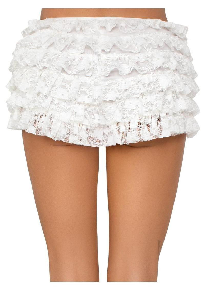 Leg Avenue Lace Ruffle Shorts Small White showcasing delicate ruffle design in soft lace, perfect for a romantic lingerie look.