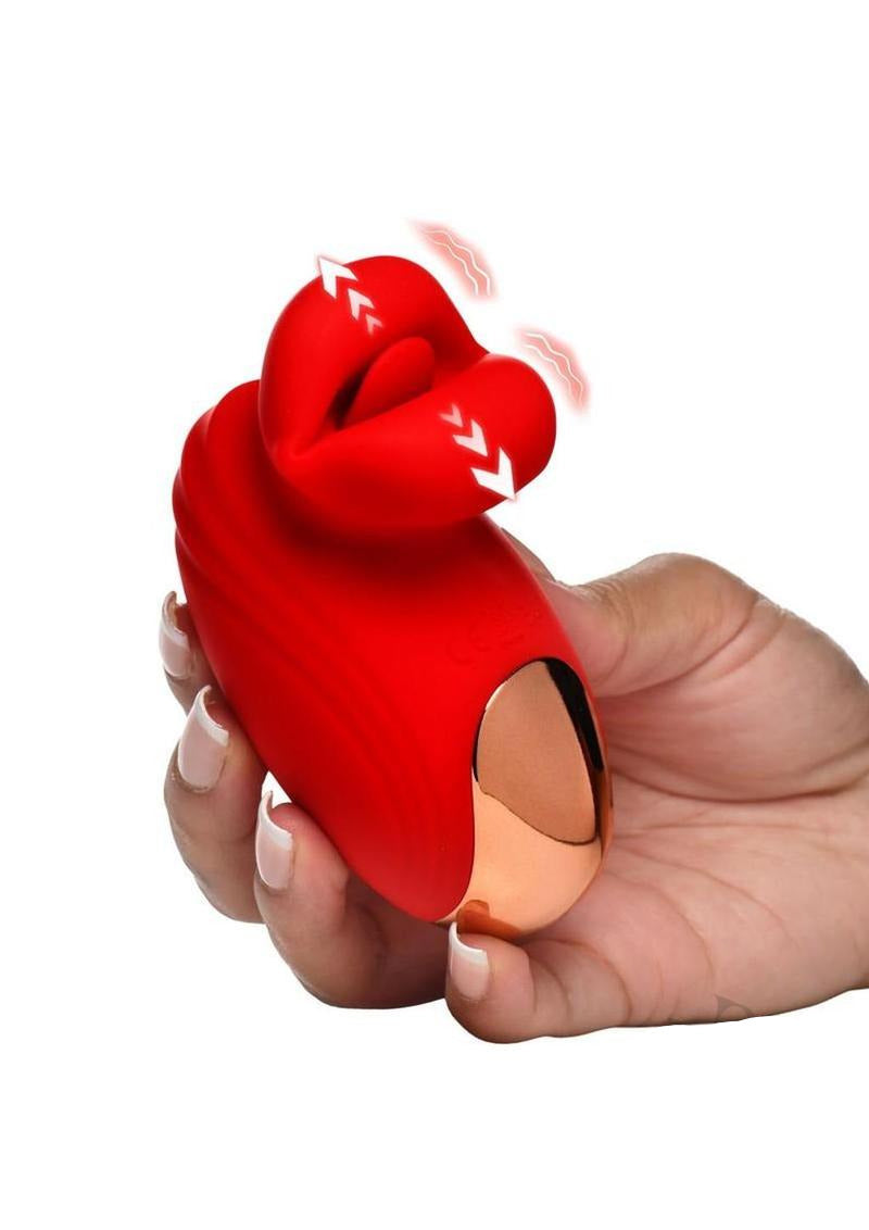 Lickgasm Mini Kisses Kissing and Vibrating Clitoral Stimulator held in hand, showcasing its compact design and dual-motor vibration.