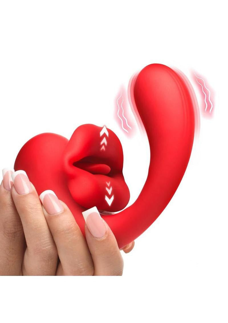 Lickgasm G-Kiss Kissing G-Spot Vibrator Red showcasing its dual-action design and kissing-style clitoral stimulator.