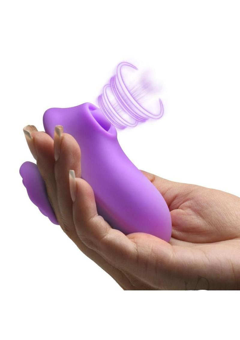 Bloomgasm Pulsing Pansy Pulsing Clitoral Stimulator Purple in a hand, showcasing its ergonomic design and pulsing feature.