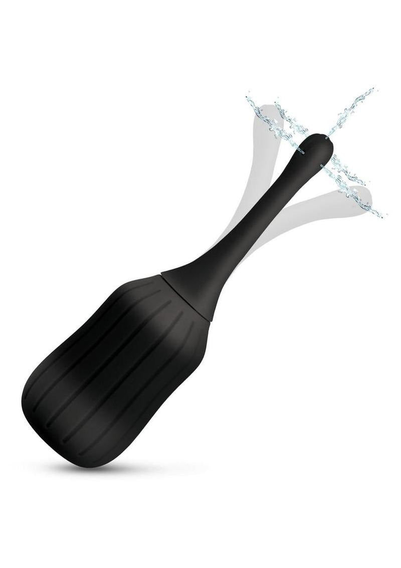 CleanStream Silicone Enema Bulb with Poseable Nozzle in black with water spray effect for personal hygiene.