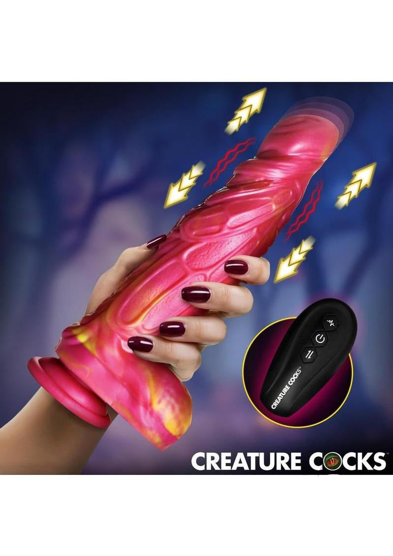 Creature Cocks Vespid Thrusting & Vibrating Dildo with Remote in vibrant pink and orange, showcasing remote control features.