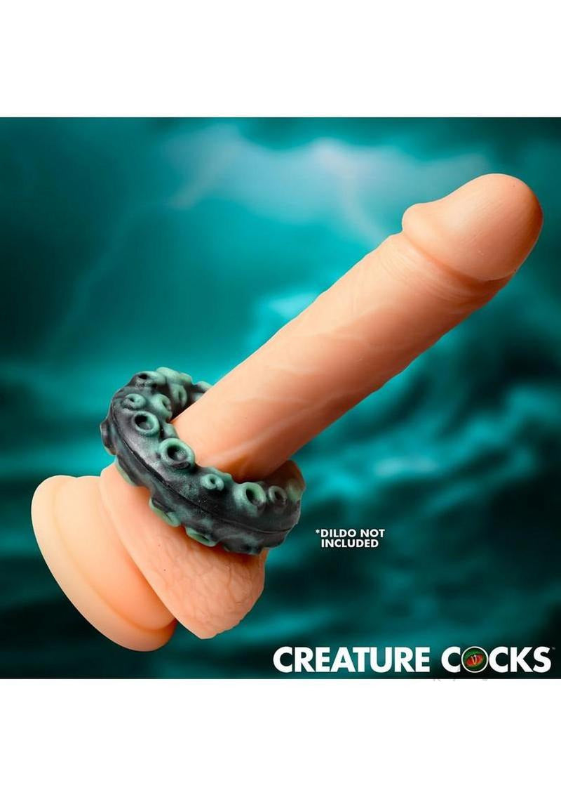 Creature Cock Octo-Grip Silicone Cock Ring on a dildo, featuring unique octopus tentacle design.
