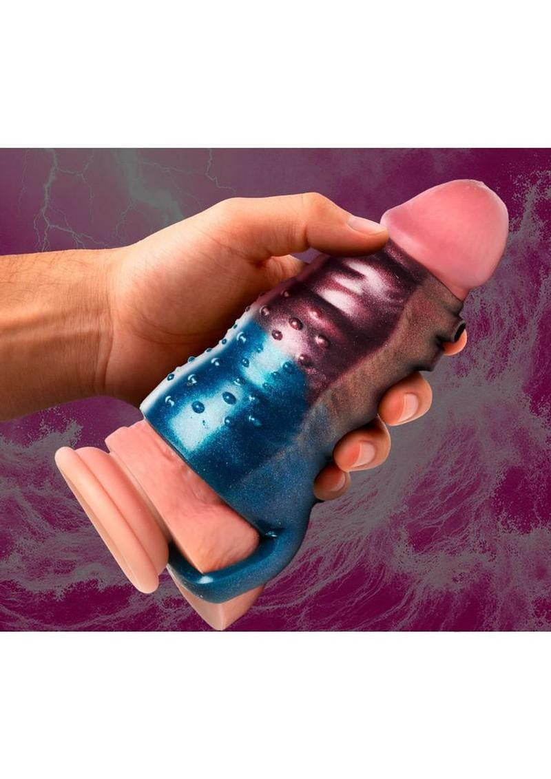Creature Cock Tentagirth Tentacle Silicone Penis Enhancer showcased in hand with vibrant marbled colors.