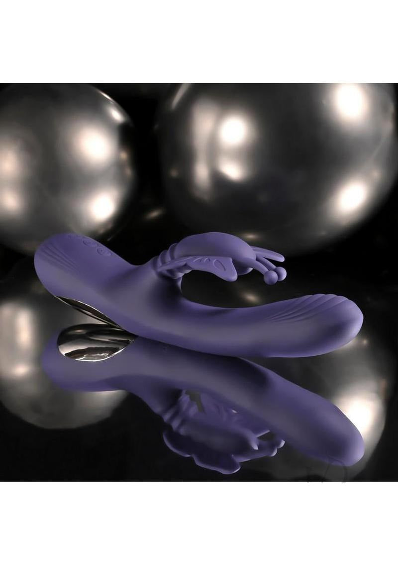 Wings of Frenzy Multi Vibrator with Clitoral Stimulator Purple showcasing dual stimulation design and sleek finish.