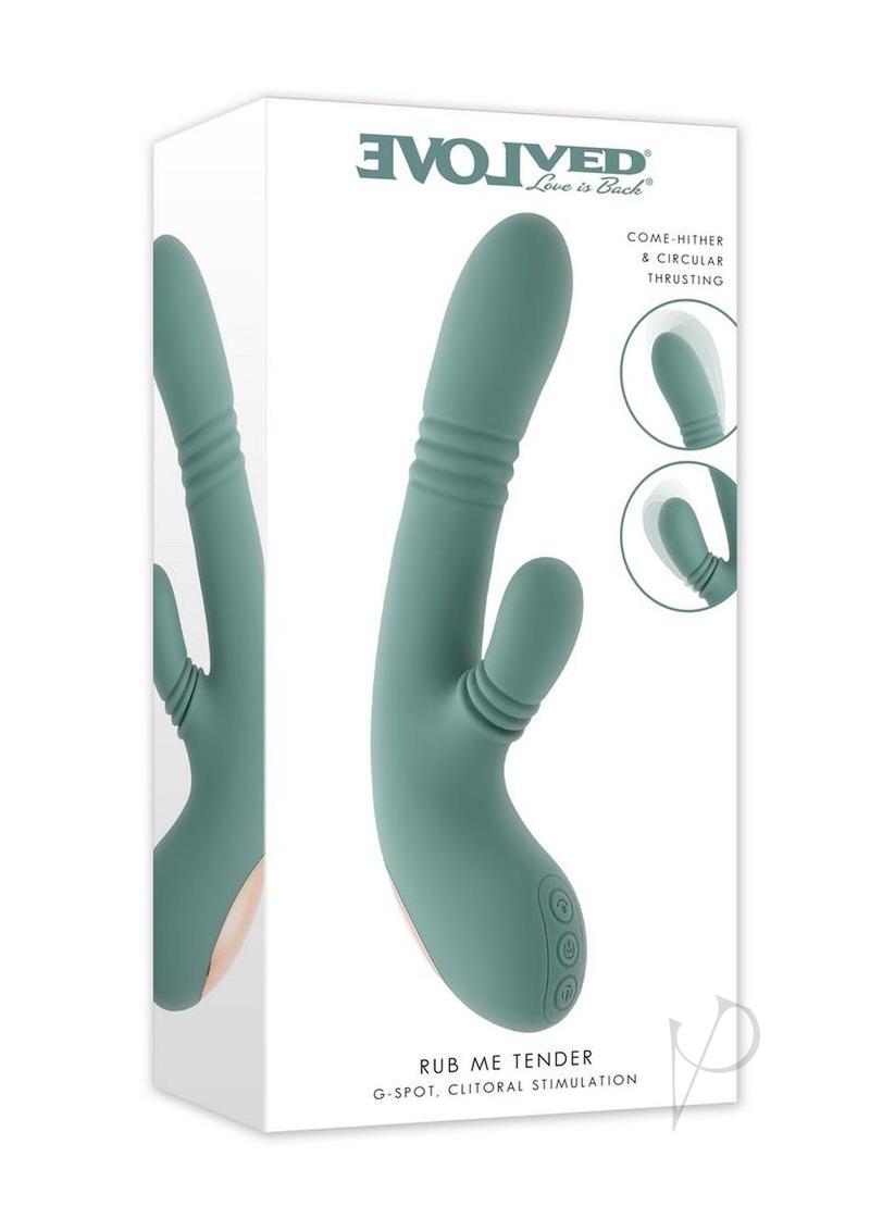 Rub Me Tender Thrusting Vibrator with Clitoral Stimulation Green packaging featuring dual-action design for stimulation.