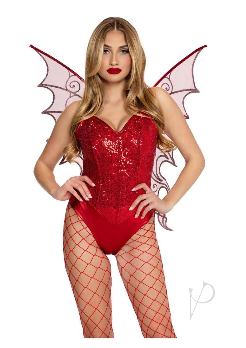 Leg Avenue Glitter Strapless Pixie Wings One Size Red displayed by a model in a red sequin bodysuit with shimmering wings.