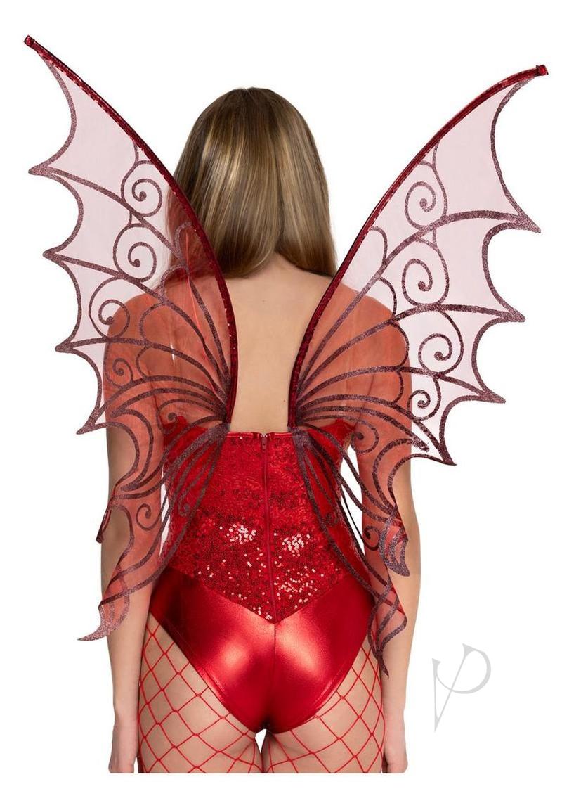 Leg Avenue Glitter Strapless Pixie Wings One Size Red worn by a model showcasing the elaborate glittery design.