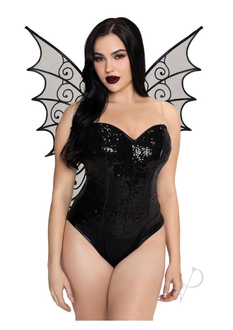 Leg Avenue Glitter Strapless Pixie Wings One Size Black showcased with a sparkling black bodysuit and stylish pixie wings.