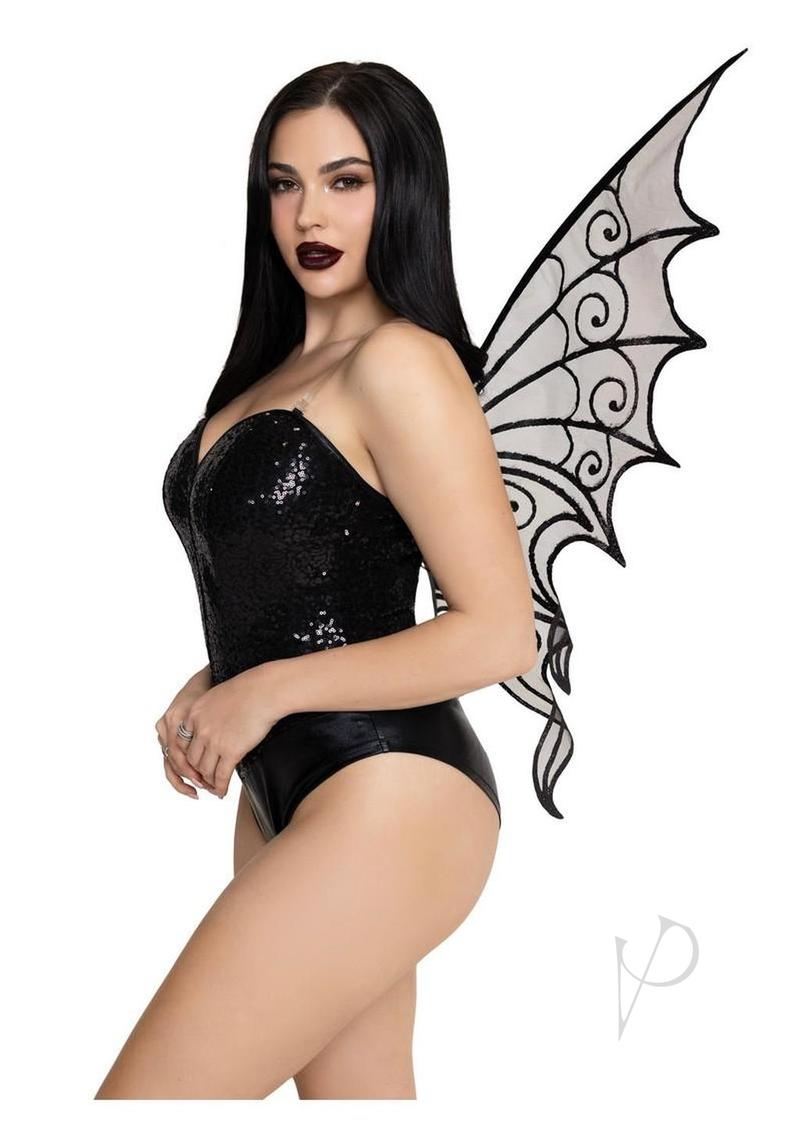 Leg Avenue Glitter Strapless Pixie Wings One Size Black on model showcasing the sparkling black wings.
