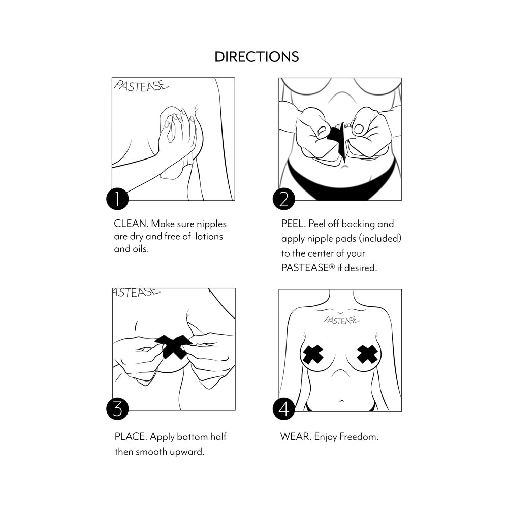 Directions for using Pastease Petites Liquid Hearts Pasties Rose Gold 2-pack, including clean, peel, place, and wear.
