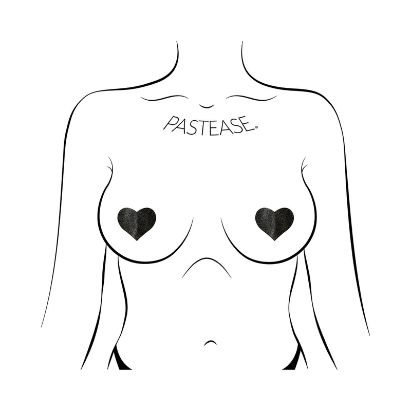 Pastease Petites Liquid Hearts Pasties Black 2-pack displayed on a line art figure with heart-shaped nipple covers.