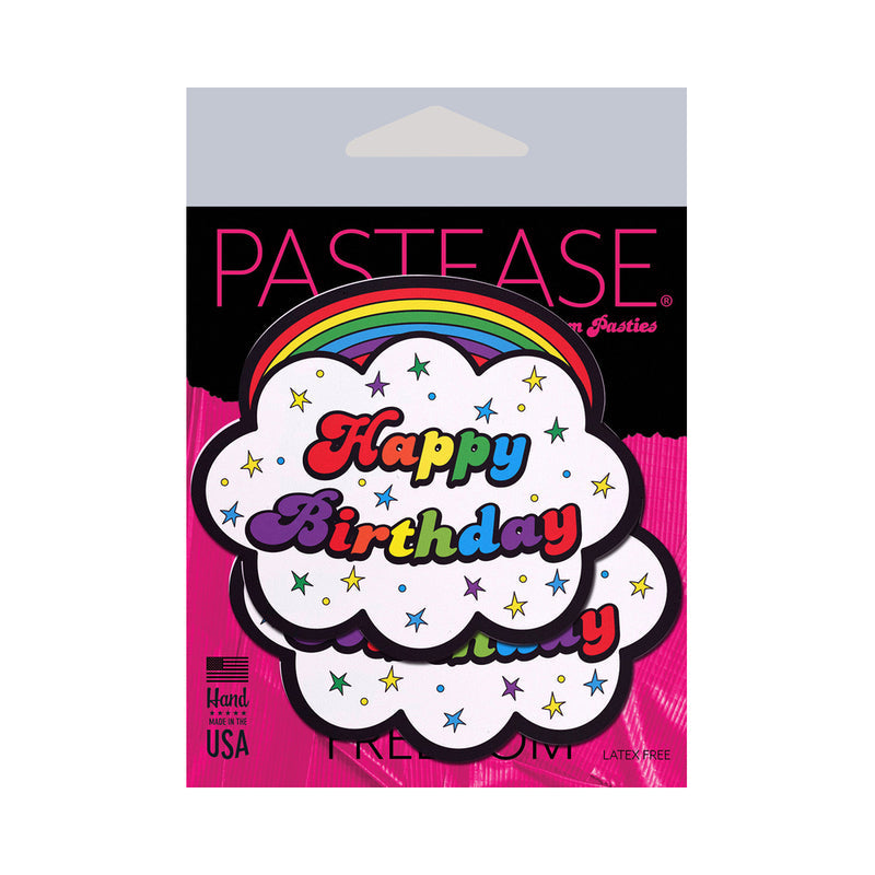 Pastease Happy Birthday Cloud Rainbow Pasties packaging featuring colorful cloud and rainbow design.