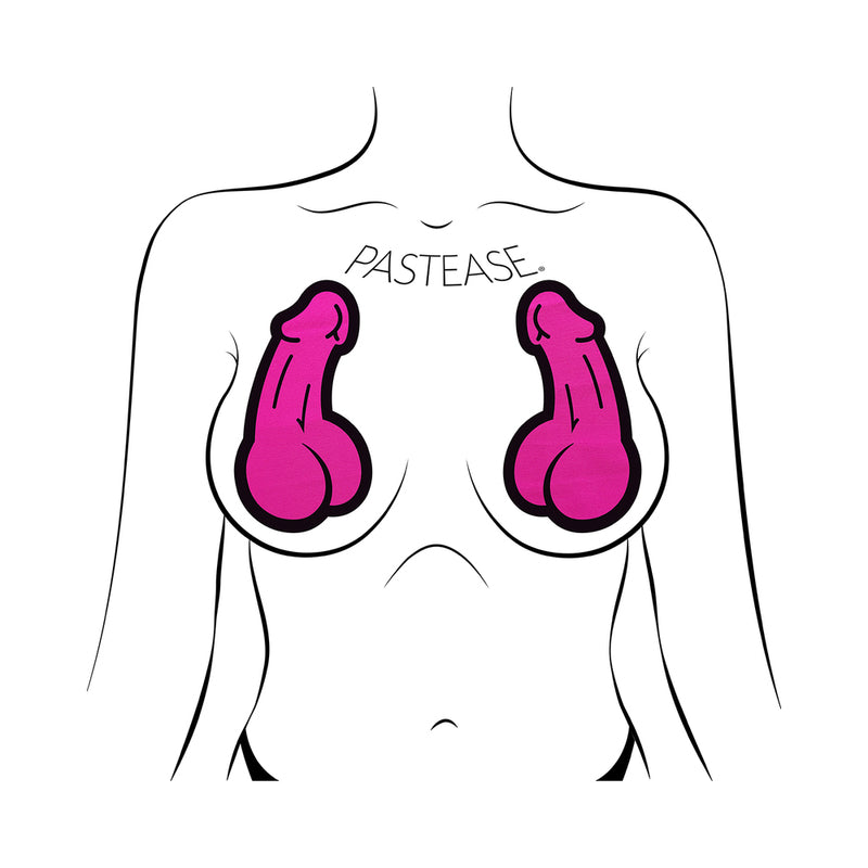 Pastease Penis Nipple Pasties Neon Pink on a model's chest, showcasing bold neon pink design.