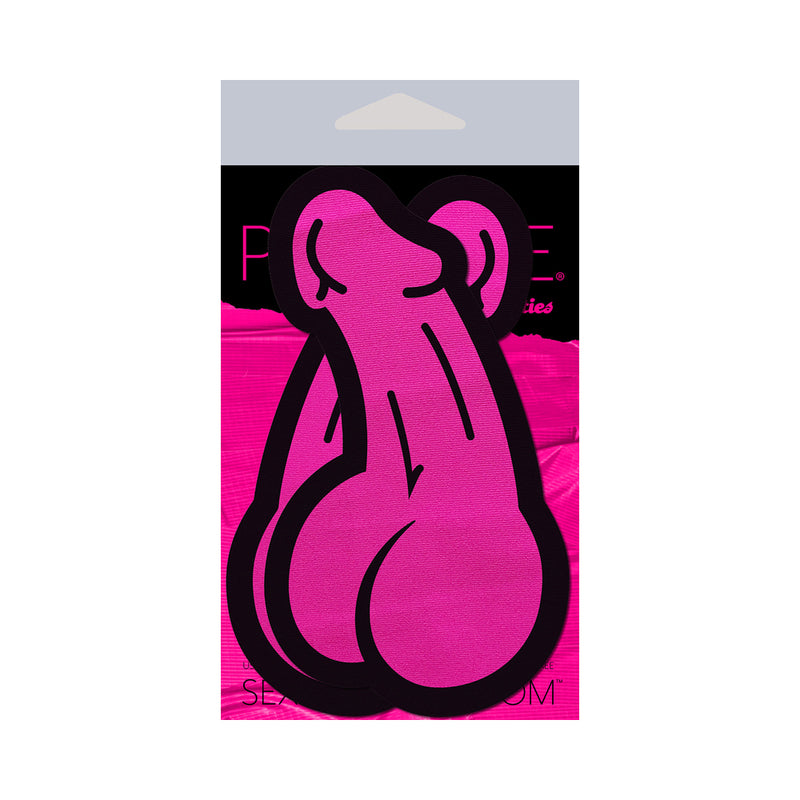 Pastease Penis Nipple Pasties Neon Pink packaging featuring bold penis-shaped design in vibrant neon pink.