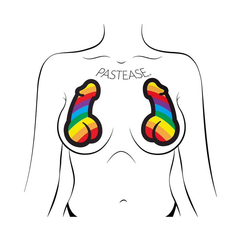 Pastease Penis Pride Pasties Rainbow on model, colorful nipple covers celebrating Pride in bold rainbow stripes.