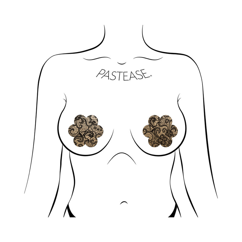 Pastease Lace Flower Nipple Pasties Beige and Black displayed on outline of a body.