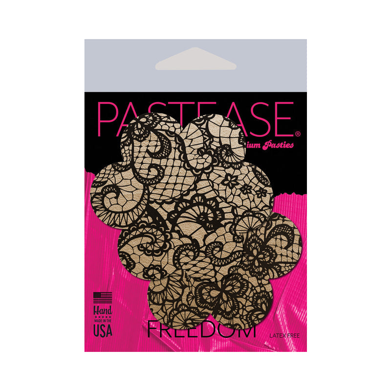 Pastease Lace Flower Nipple Pasties Beige and Black packaging with black lace design.