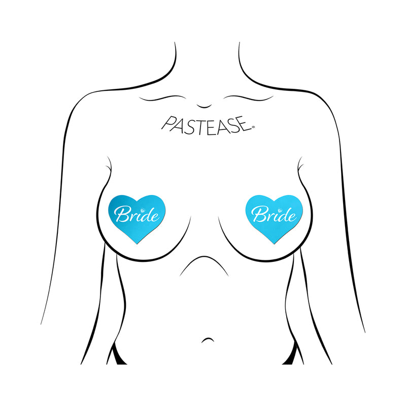 Pastease Bride Blue Heart Pasties on a body illustration, featuring Robin's Egg Blue heart shapes with 'Bride' message.