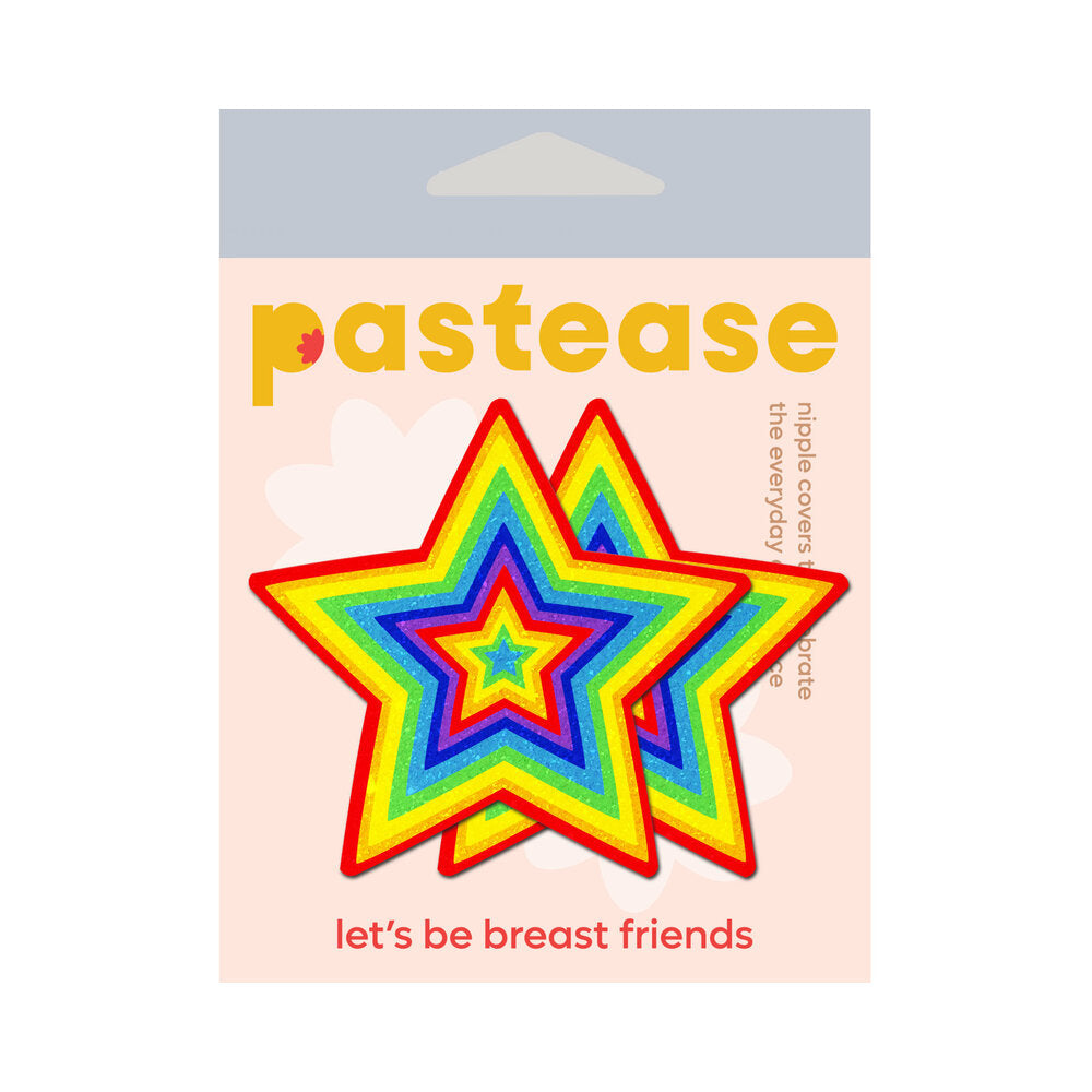 Pastease Glitter Pumping Star Pasties Rainbow in vibrant colors on packaging, perfect for festivals and intimate occasions.