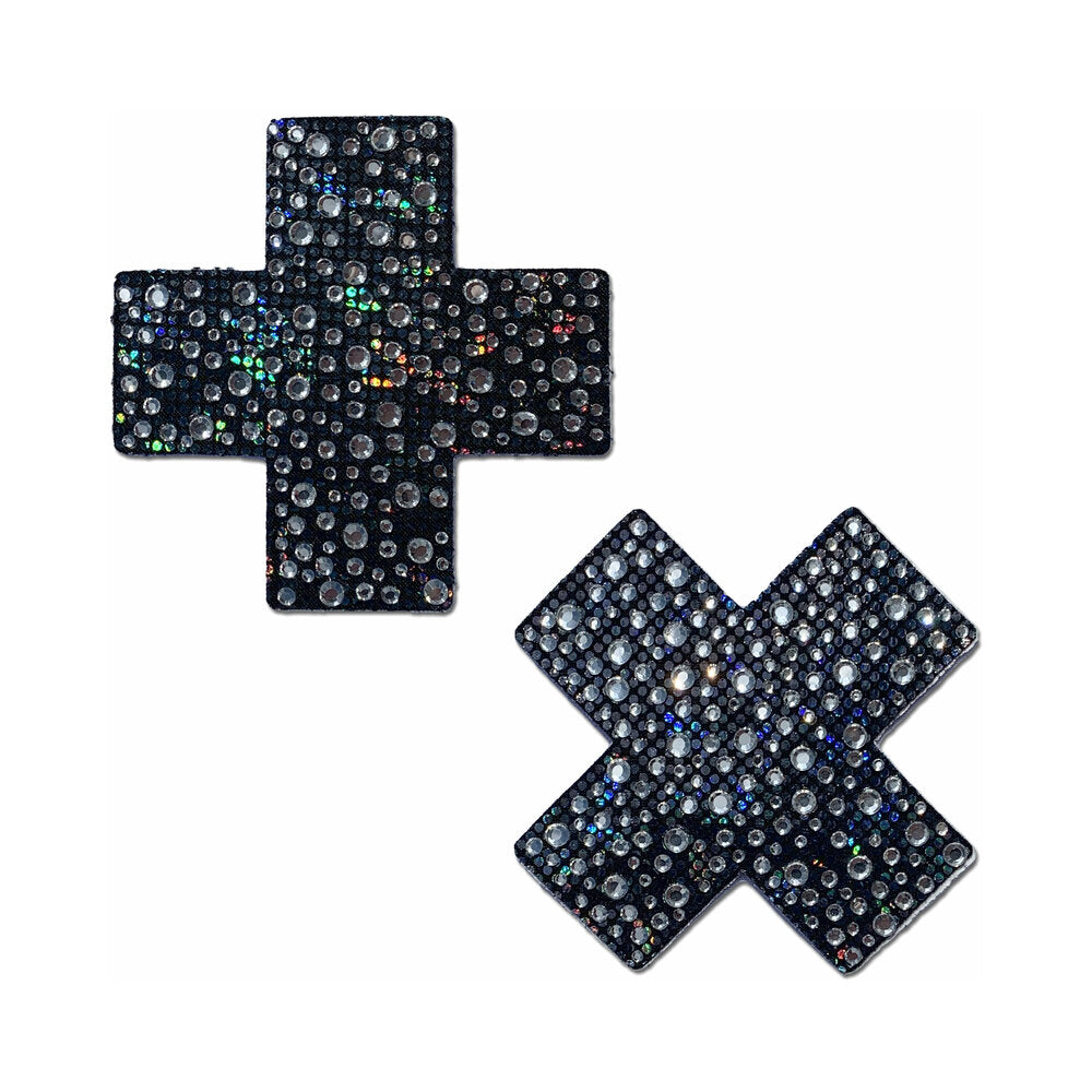 Pastease Crystal Sparkling Crosses Pasties Black with crystal detail, offering a glamorous finish for any look.
