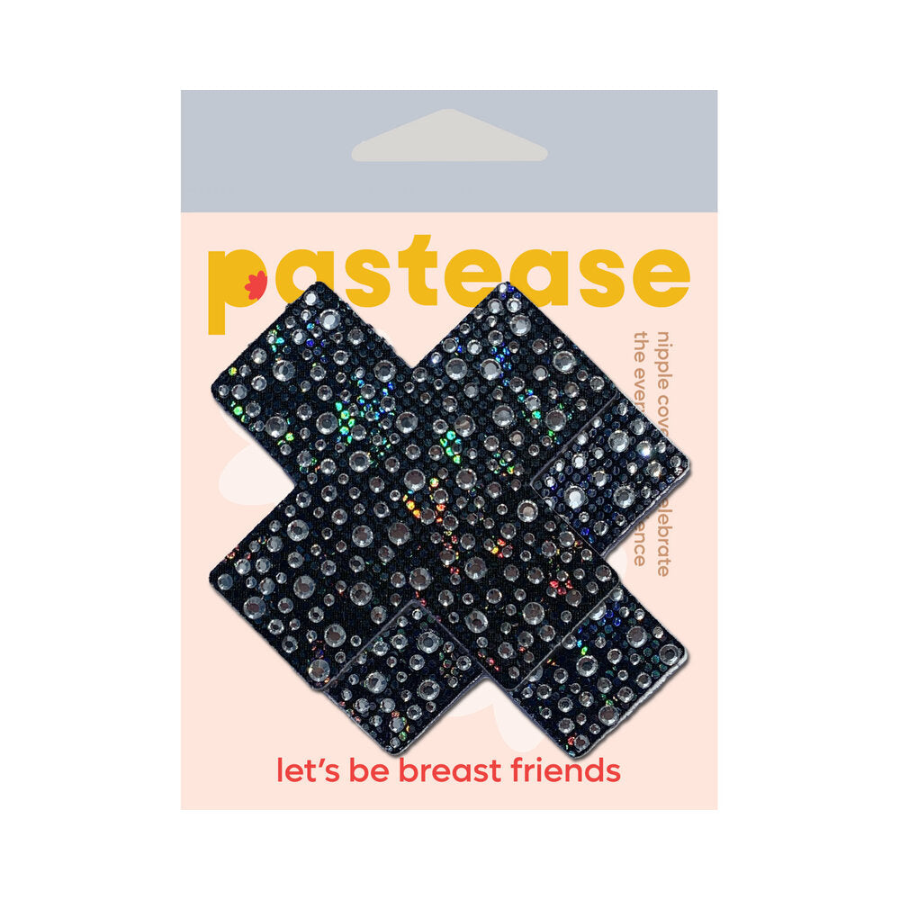 Pastease Crystal Sparkling Crosses Pasties Black with sparkling crystals on packaging for nipple cover.