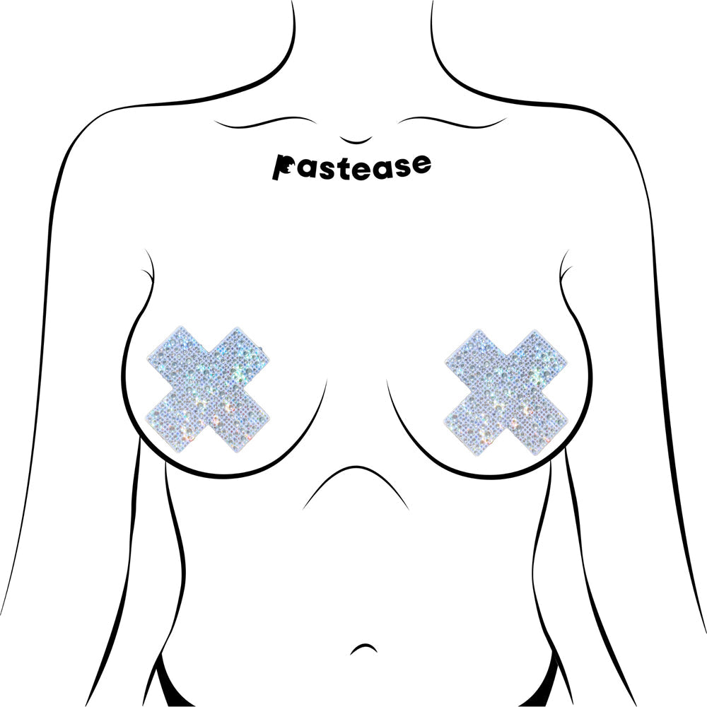 Pastease Crystal Sparkling Crosses Pasties Silver on a model, showcasing bold cross silhouette and crystal details.