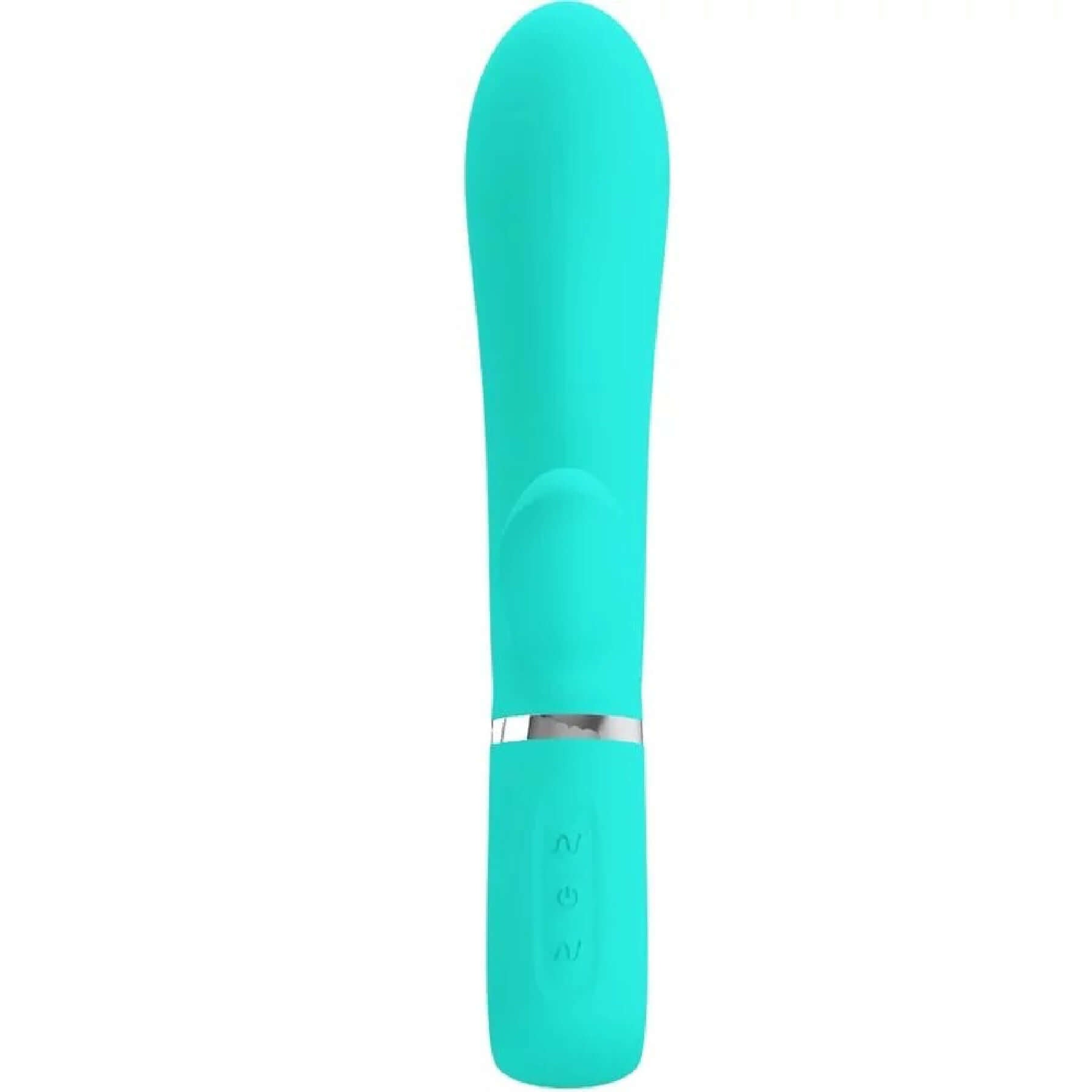 Turquoise Thomas Super Soft Silicone Rabbit Vibrator with 7 functions and G-Spot stimulator for intense pleasure and hours of endless play.