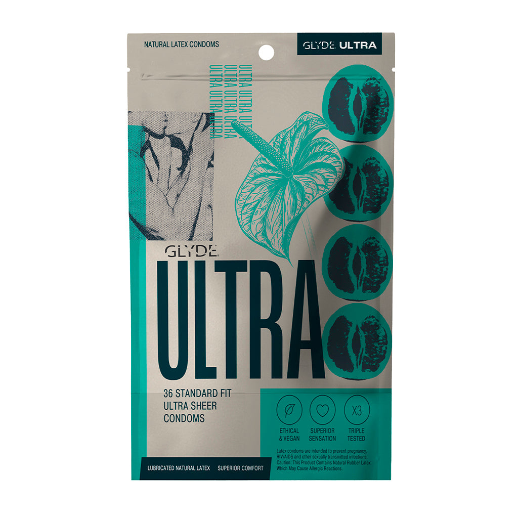 Glyde Ultra Latex Condoms 36-pack packaging featuring natural latex, ultra sheer comfort, and ethical vegan attributes.