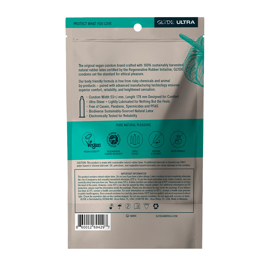 Glyde Ultra Latex Condoms 36-pack back packaging showing vegan, sustainably sourced natural latex and product details.