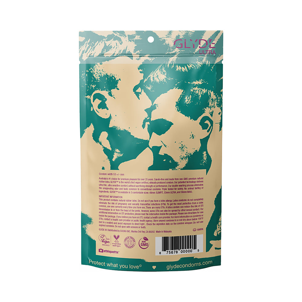 Glyde Ultra Latex Condoms 36-pack packaging showcasing ultrathin, plant-based latex design for enhanced sensation.