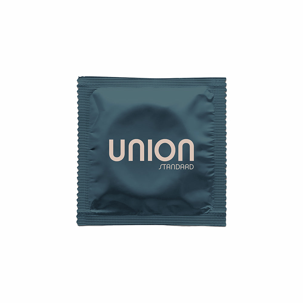 Union Standard Latex Condoms 12-pack, featuring a sleek and modern blue wrapper with the brand name prominently displayed.