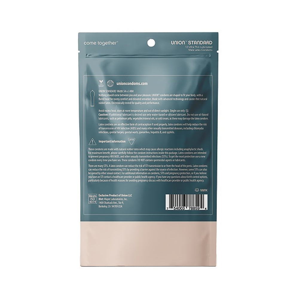 Union Standard Latex Condoms 12-pack product packaging featuring essential information and vegan-friendly formula details.