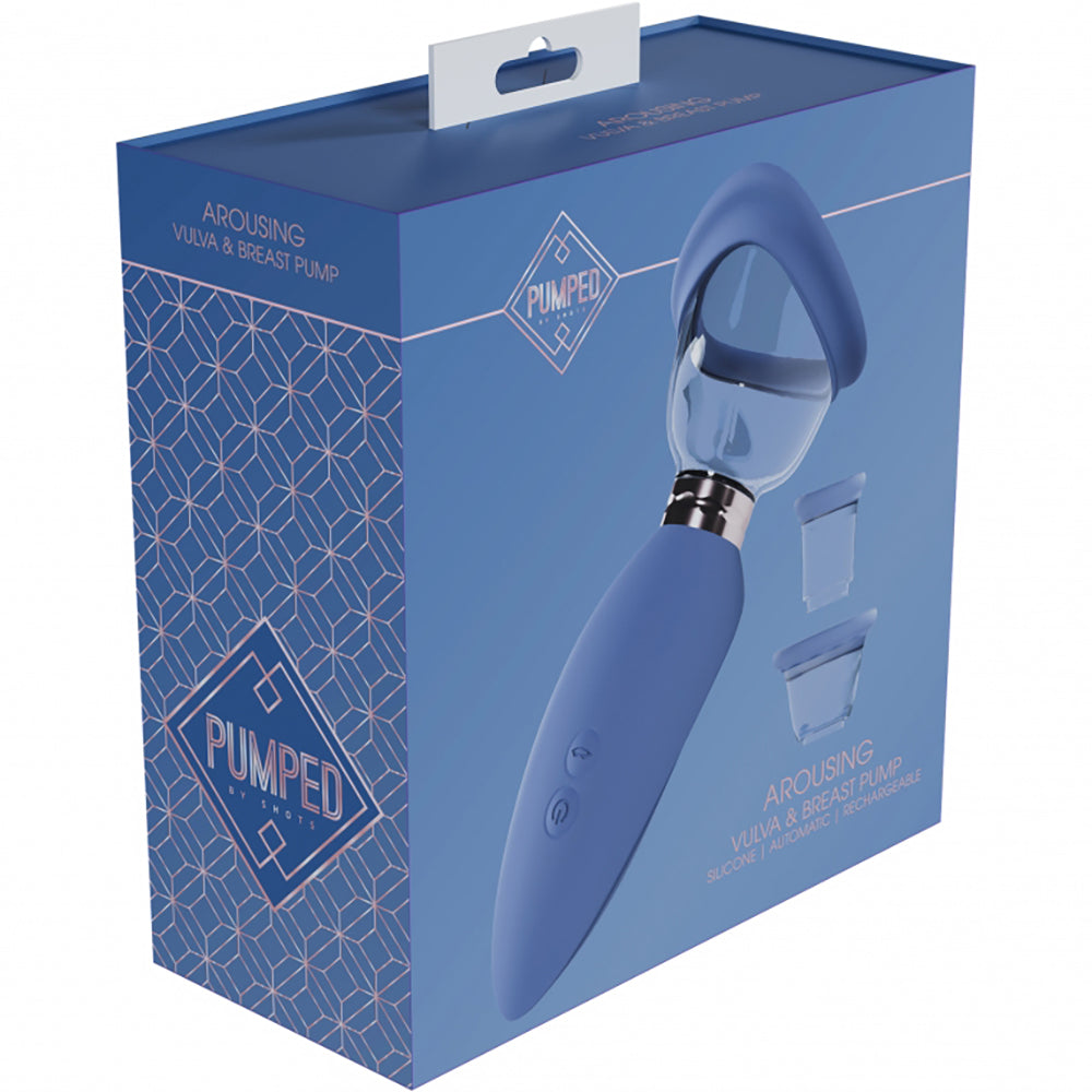 Pumped Arousing Nipple & Breast Pump Blue packaging showcasing an automatic vacuum pump kit from Shots Toys.
