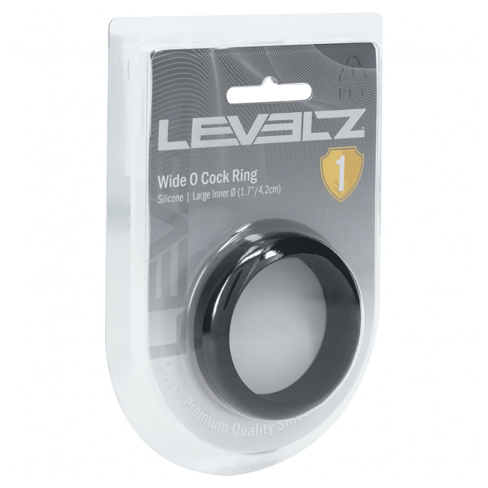 Levelz Wide O Silicone Cock Ring Large 42mm Black packaging with product information and features.